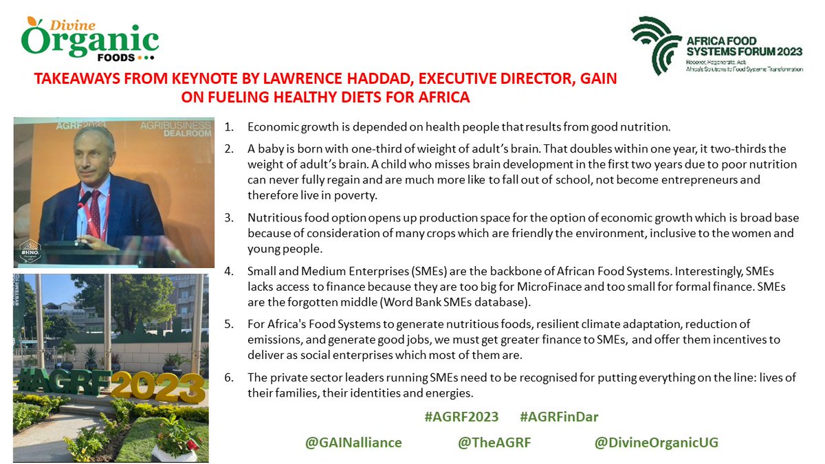 Day 2 #AGRF2023| Small and Medium Enterprises (SMEs) are processing highly nutritious foods to increase availability and affordability of healthy diets for all.

Takeaways from Keynote by <a href="/lawrencehaddad/">Lawrence Haddad</a>, ED of <a href="/GAINalliance/">GAIN</a> is summarised below.

#AmaroFoods #MothersLove