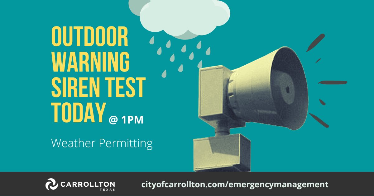 If you hear the outdoor warning sirens today (9/6), don't worry. As a friendly reminder, the City’s outdoor warning sirens are tested the first Wednesday of every month, weather permitting, at 1pm. Learn more: cityofcarrollton.com/emergencymanag…
