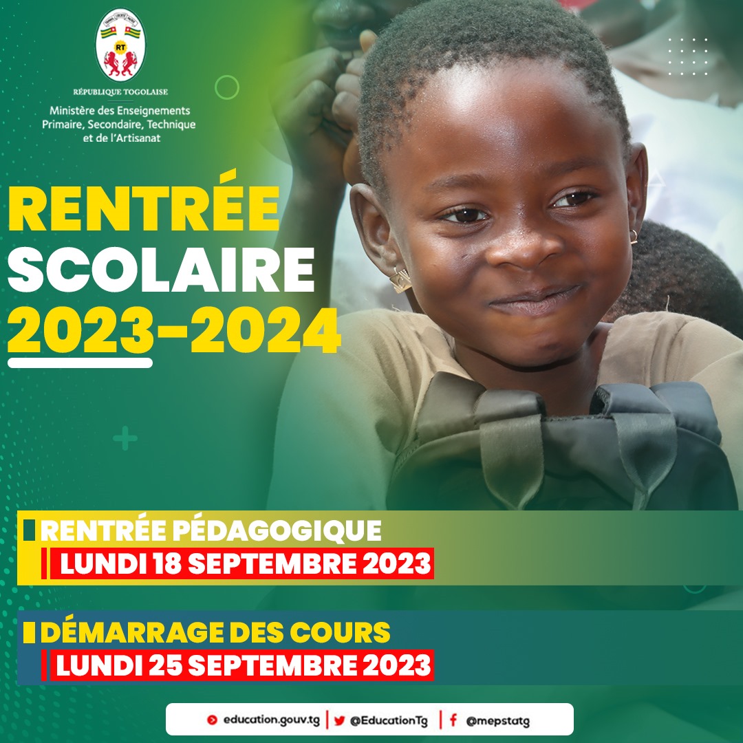 Les dates de la #rentréescolaire 2023-2024 au Togo restent inchangées. Suivant la tradition de ces dernières années, le 18 et le 25 septembre seront consacrées respectivement à la rentrée pédagogique et au démarrage des cours.
<a href="/EducationTg/">Ministère des Enseignements Primaire et Secondaire</a>