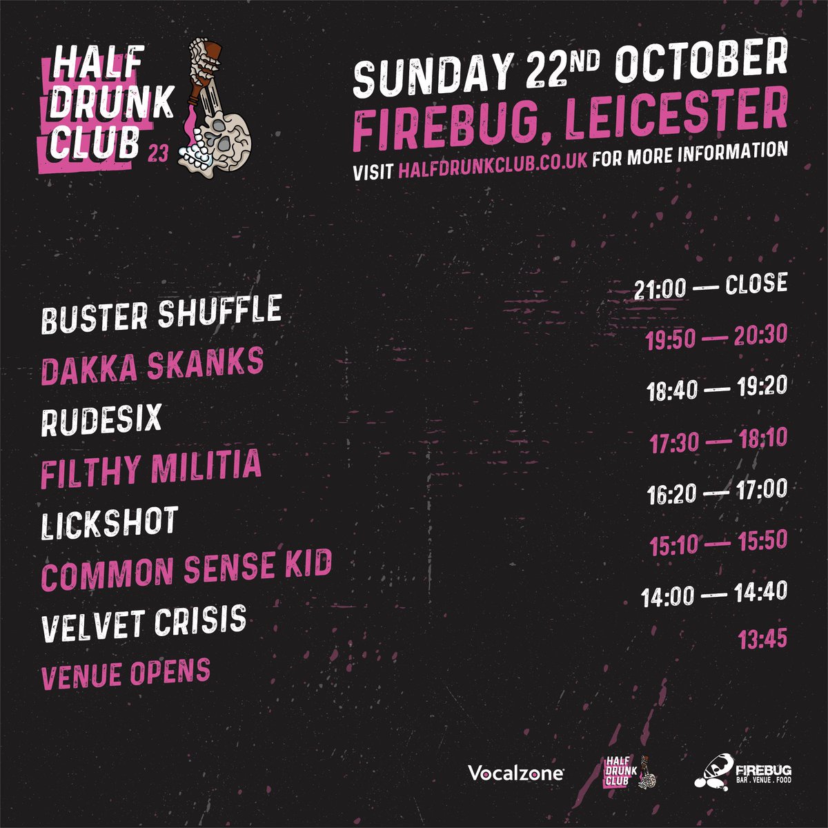 🔥🔥🔥 HERE IT IS! The full line-up for Half Drunk Club 2023! Featuring, @popesofctown, @lastedition, @Bustershuffle and a metric tonne of the UK's best #ska #punk and/or #reggae! Tickets are on sale and are shifting nicely, here: buytickets.at/halfdrunkclub1…. #skatwitter