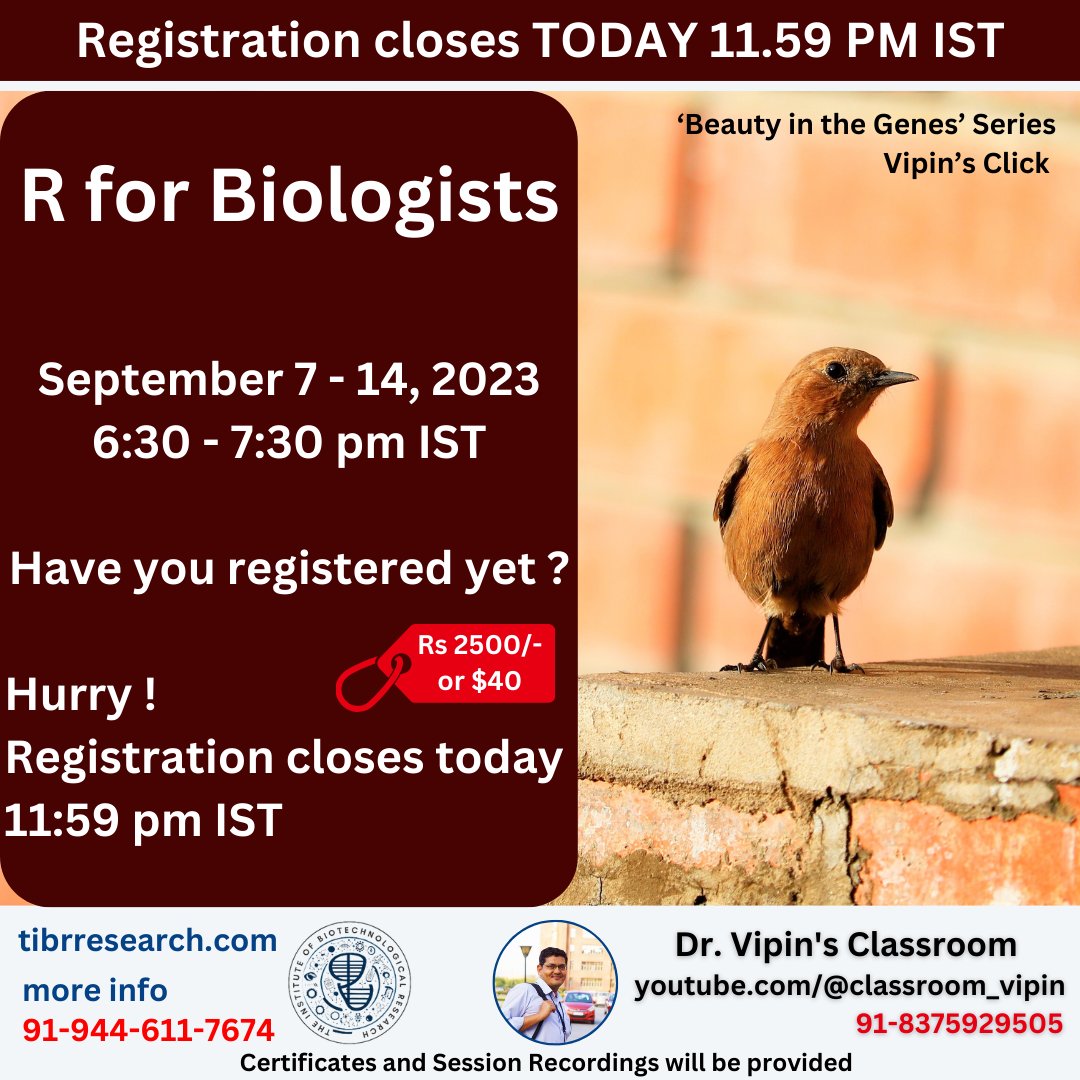 dr_vipin_singh's tweet photo. #Enhance_Your_CV #add_a_new_skill
Register here - https://t.co/cCFm4odTOU
For more information - https://t.co/VeTRWex2pl

#bioinformatics #biotechnology #biotech #biotechnologie #biologists_must_code #R #R_programming #india #skillindia #skillup https://t.co/uW45vEzwhZ