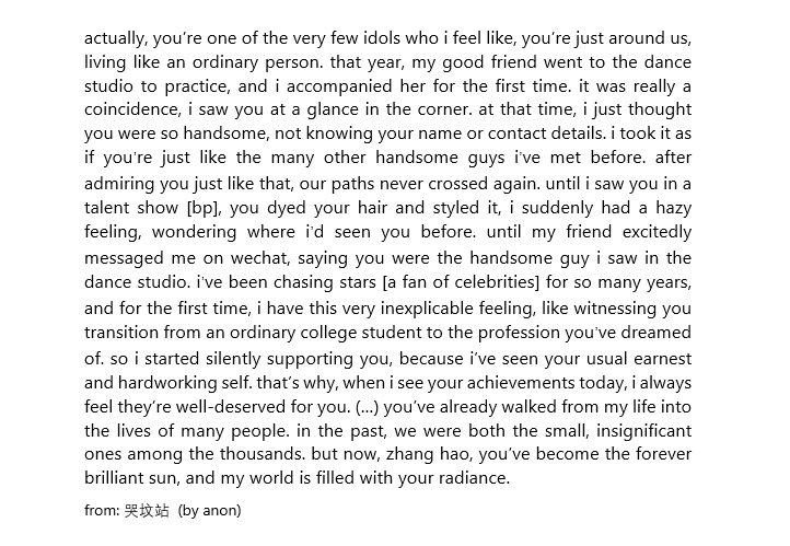 zhangrose_'s tweet photo. another story from someone who has encountered the once-ordinary college student zhang hao before

"in the past, we were both the insignificant ones among   thousands. but now, zhang hao, you’ve become the forever brilliant sun, and my world is filled with your radiance"

#장하오 https://t.co/EneQB4Spyj