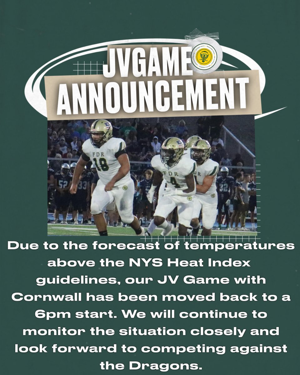 Due to the forecast of temperatures above the NYS Heat Index  guidelines, our JV Game with @cornwallfootball has been moved back to a 6pm start. We will continue to monitor the situation closely and look forward to competing against the Dragons. @athleticshpcsd @dr_p_roman