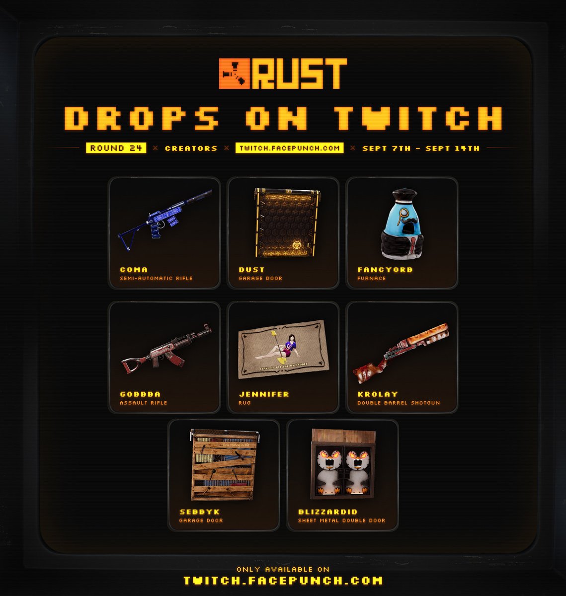 playrust's tweet photo. 🟪Get ready for twitch drops!!🟪

Starting tomorrow, September 7th - September 14th get unique skin drops from some of your favorite Rust creators!

Sync up to get your claims: https://t.co/geukSjNebY