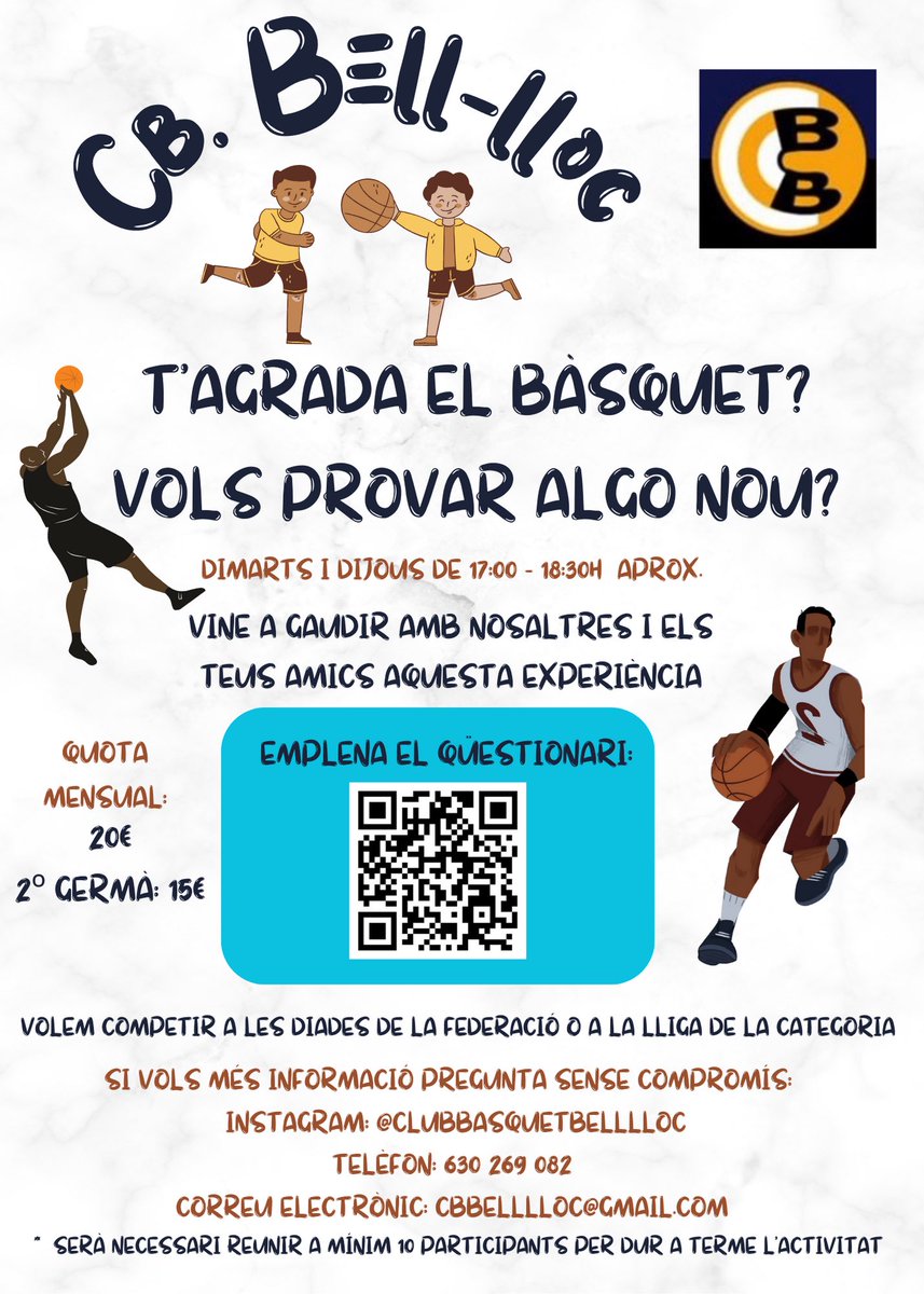 Seguim amb el projecte de formació al nostre club! 
Si esteu interessats heu de respondre el formulari que trobeu al cartell o bé al nostre perfil. 
Durant el mes de setembre farem portes obertes, us mantindrem informats! 💪🏼🏀
<a href="/AjuntamentBLLC/">AjBell-lloc</a>