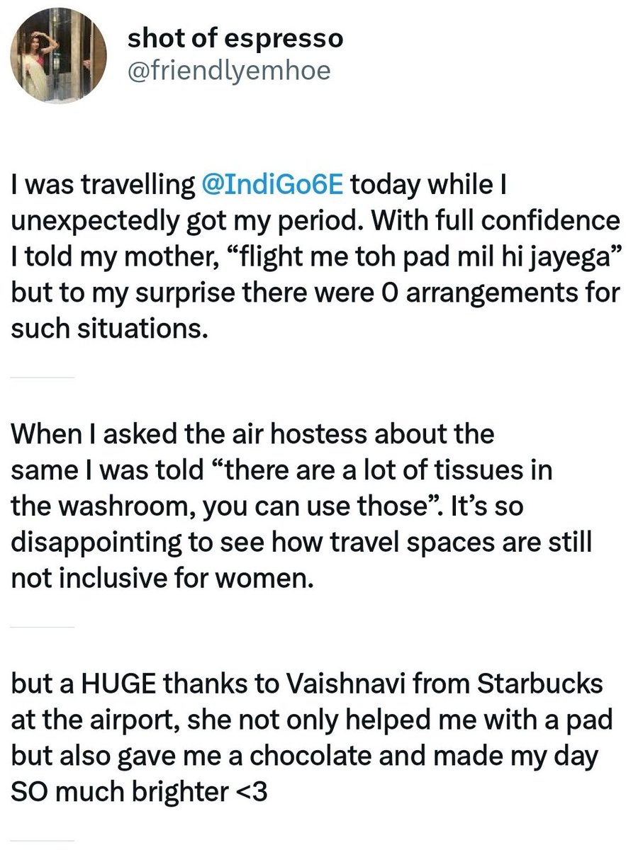 Hello @IndiGo6E , Any response on it? Or you simply dont provide sanitary pads because some highly educated men are against it. 

#Periods #SanitaryPads