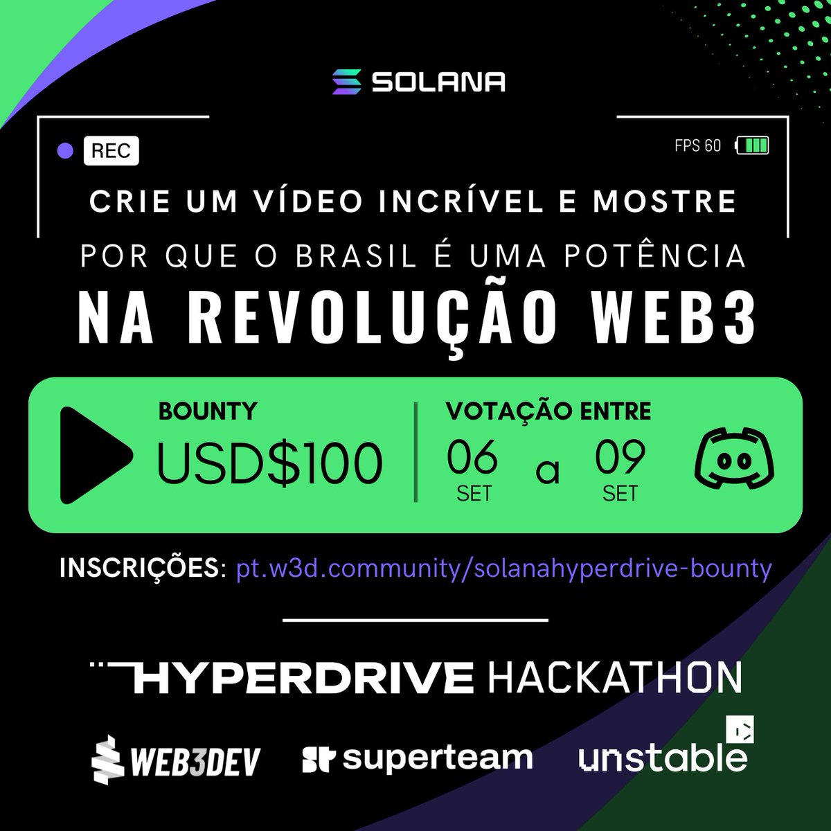 web3dev_pt's tweet image. 🚀 Quer ganhar $100 USD e colaborar com o marketing da @solanabrasil? É a sua chance! Crie um vídeo criativo, mostre o Brasil no mapa da Solana e participe do #HyperdriveHackathon. 🌎🇧🇷 Seja parte dessa revolução. Inscrições no link { pt.w3d.community/blog/participe…