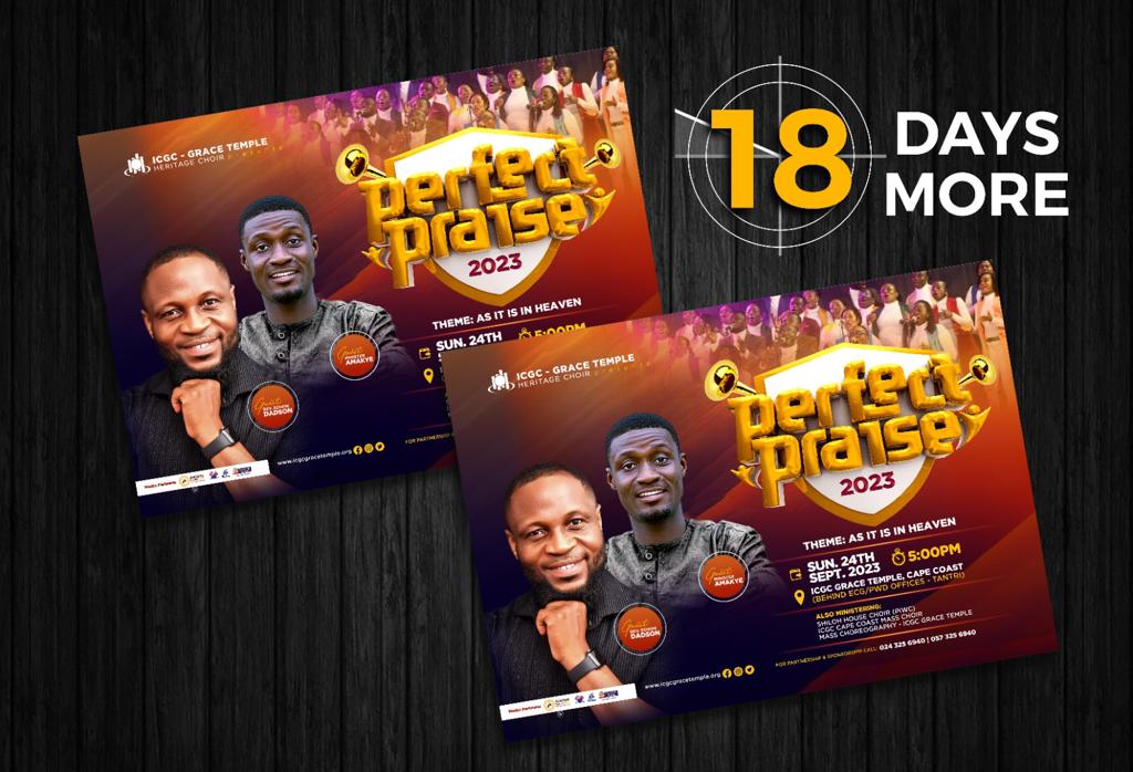 HeritageICGC's tweet photo. 18 days to go... 🙌🏽 🤩
Remember, it is PERFECT PRAISE 🔥🔥🔥
Sunday, 24th September @ 5pm
ICGC-Grace Temple, Cape Coast
Don't be left out 🤗
@heritageicgc
@icgcworldwide
@edwindadson
#PerfectPraise #PP2023 #asitisinheaven #weareicgc #gathering https://t.co/i5dOzo3TPf