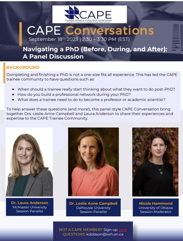 Are you a #graduate student thinking of or currently pursuing a #PhD in #psychiatric #epidemiology research? Then come attend our next CAPE Conversation focused on navigating a PhD. Sign up here today: forms.gle/U6yNkkrBUBZuN9…