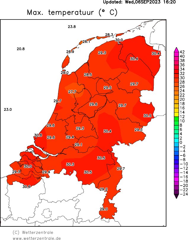 Daaanvdb's tweet photo. Again, widespread temperatures in the 30s today in The Netherlands. 2nd day with 30C in a row, many more days to follow.
chart: @Wetterzentrale1
#heatwave #SeptemberHeat #SeptemberHeatwave https://t.co/MGdojuXzhd