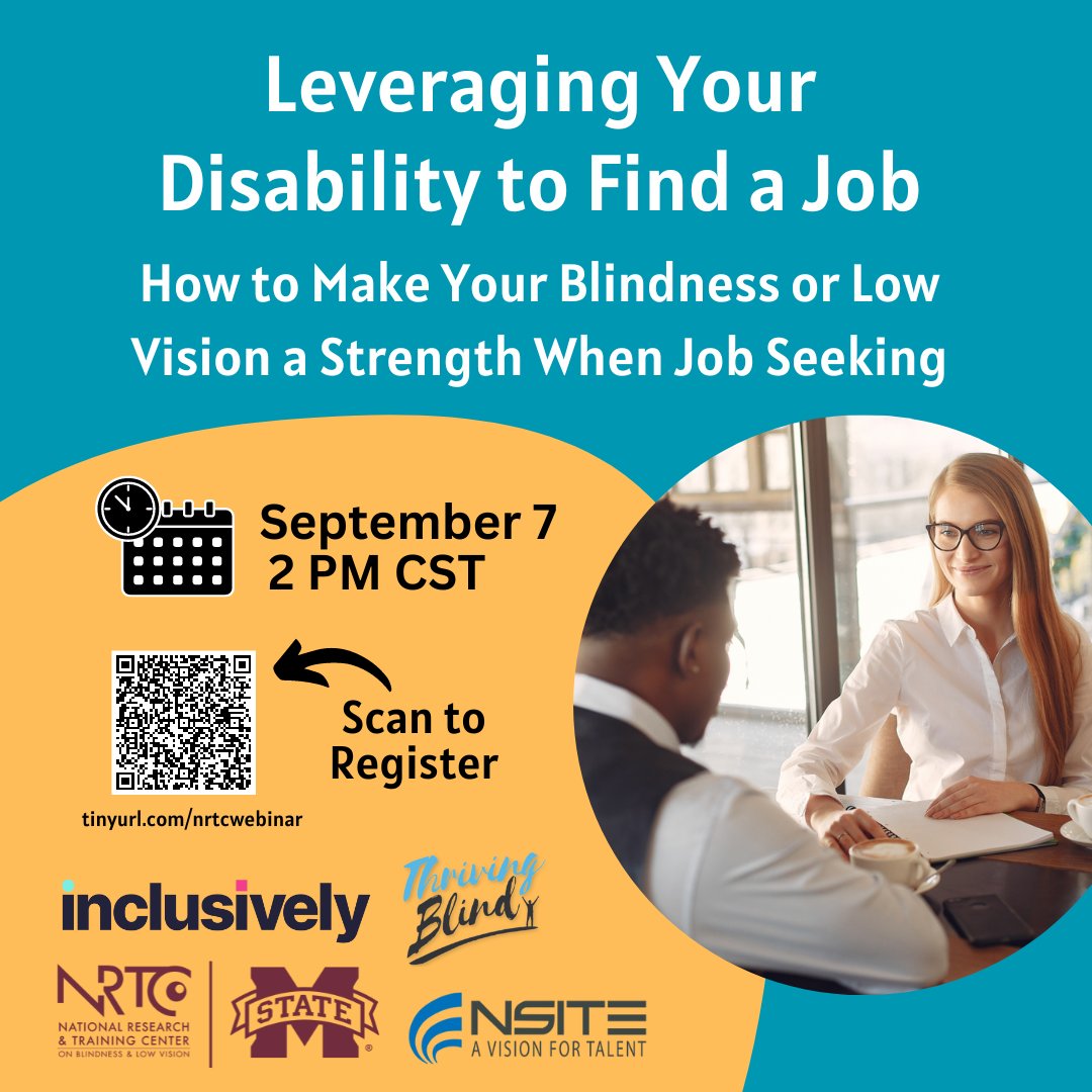 RSA_NCRTM's tweet image. Tomorrow, join us in attending the Leveraging Your Disability to Find a Job: How to Make Your #Blindness or #LowVision a Strength When Job Seeking Webinar hosted by @MSU_NRTC. ncrtm.ed.gov/events/leverag…