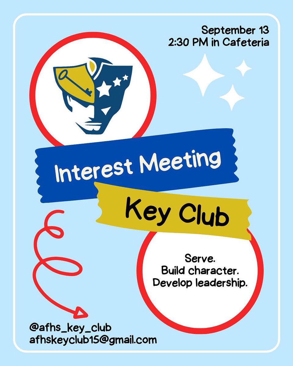 AFHS_Key_Club's tweet image. Our interest meeting will be on Wednesday, September 13th, at 2:30 PM in the cafeteria! We will discuss membership requirements and the application process for new &amp;amp; returning members. DM us or email afhskeyclub15@gmail.com with any questions!