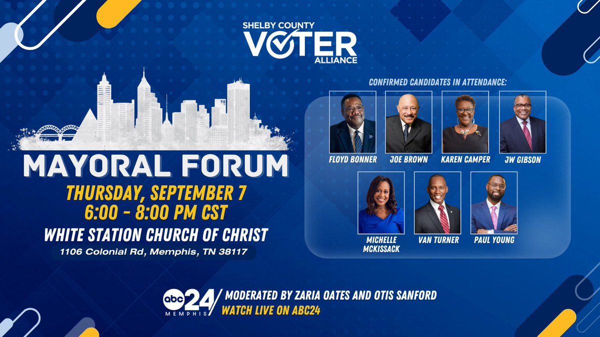 Be an informed voter! 🗳️ Join us for the the Shelby County Voter Alliance's Mayoral Candidate Forum TOMORROW, Sept 7!

Get to know the candidates so you can ensure you make an educated decision when you cast your vote. 

Your participation matters! RSVP: bit.ly/3L7ZyNs