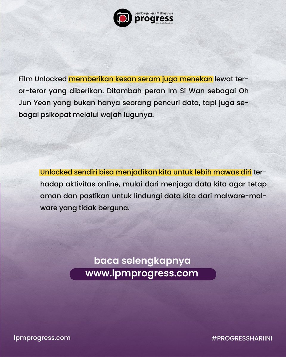 [BEDAH FILM]

Film Unlocked, dirilis di Netflix pada 17 Februari 2023 dengan rating 84% menyukai film ini oleh pengguna Google. 

Simak selengkapnya di 
lpmprogress.com/post/unlocked-…

LPM Progress 2023
Kritis, Ilmiah, Demokratis

#BedahFilm
#Unlocked2023
#LPMProgress
#PROGRESSHARIINI