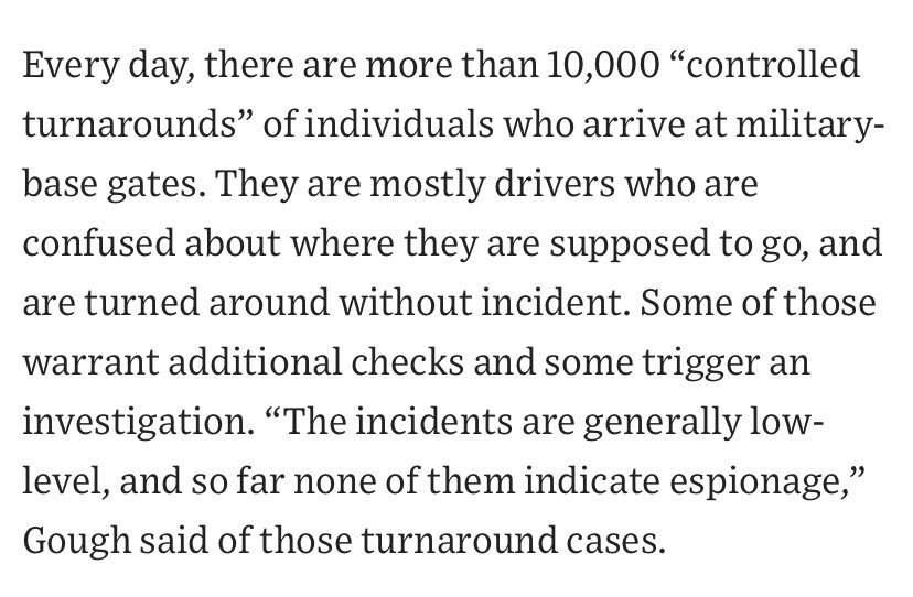 100 incidents of Chinese nationals “gate-crashing” US military bases over several years seems a bit less ominous when you get to the part about 10,000 people who aren’t supposed to be there being turned away from US bases EVERY DAY.