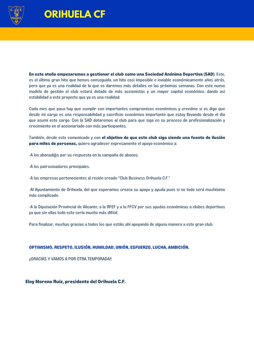 📩 Carta del presidente del club, 𝗘𝗹𝗼𝘆 𝗠𝗼𝗿𝗲𝗻𝗼, a la afición del 𝗢𝗿𝗶𝗵𝘂𝗲𝗹𝗮 𝗖.𝗙.
