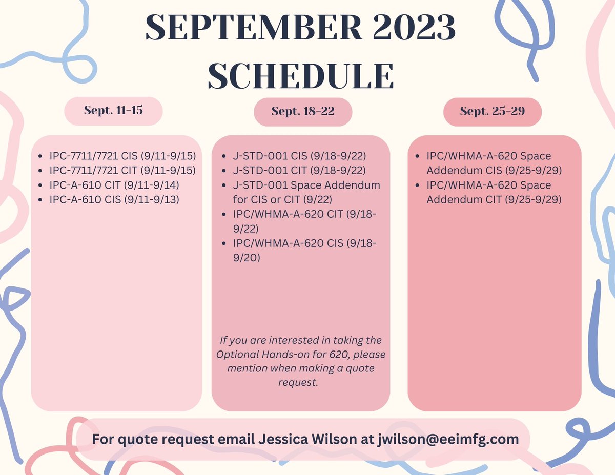 EEIMFG's tweet photo. Sign-up now for IPC Certification!!! Below is our September schedule.  For questions and quote inquiries contact Training Center Coordinator, Jessica Wilson, at jwilson@eeimfg.com. https://t.co/Zu2051el3K