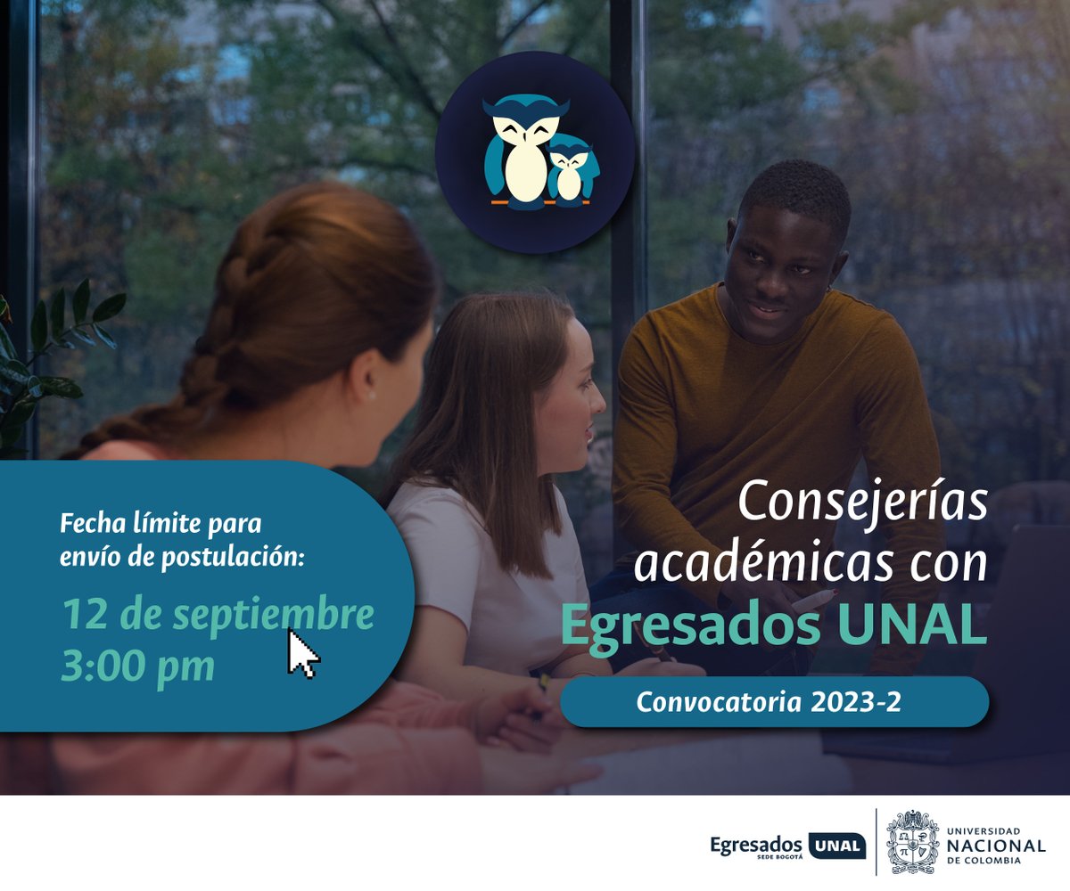 EgresadosFOUN's tweet image. Egresadas y Egresados les invitamos a participar en la convocatoria de 14 Consejeras/os Académicas/os 2023-2, que apoyarán a un(a) estudiante en la realización de su trabajo de grado. Consulta las condiciones aquí: bit.ly/44GIlSx #SomosUNAL #EgresadosUNAL#odontologia