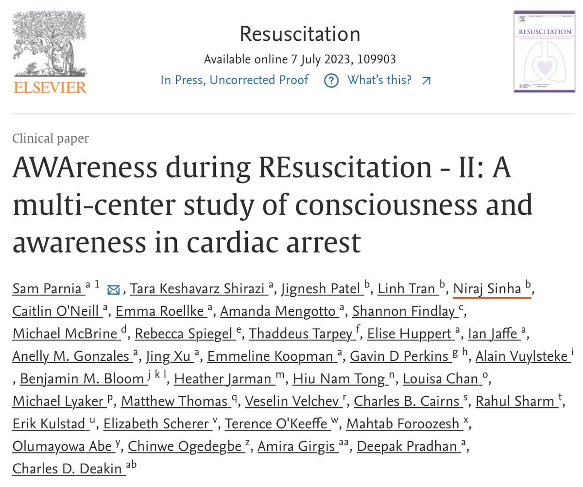 Dr. Sam Parnia is lead author of the AWARE II Trial: A multi center study of consciousness and awareness in cardiac arrest, recently published in <a href="/ResusJournal/">Resuscitation</a> 

🔓 bit.ly/3OMvWYq
#cardiacarrest #resusc #criticalcare #meded