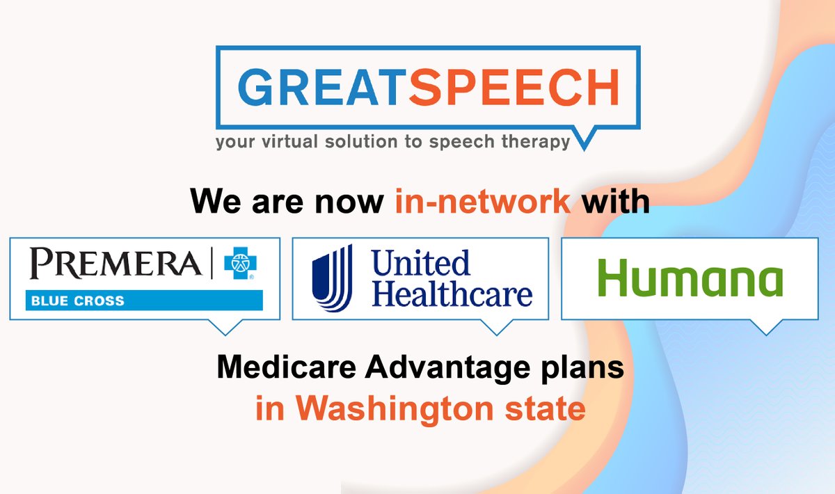 Here's the latest additions to in-network #virtual speech therapy for #medicare coverage in #Washington state.
<a href="/premera/">Premera Blue Cross</a> , <a href="/UHC/">UnitedHealthcare</a> , <a href="/Humana/">Humana</a>
