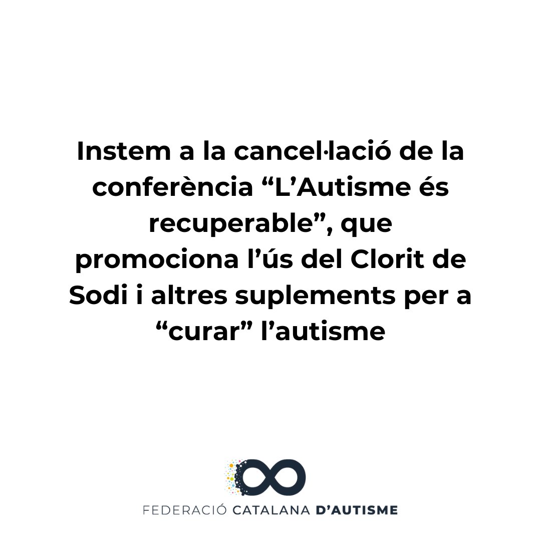 ‼️Exigim que s'eviti la xerrada organitzada a #Lleida aquest dissabte, sobre els beneficis del clorit de sodi en l'autisme.📷L'autisme NO és una malaltia. És una condició que acompanya a les persones tota la  vida.
llegeix el comunicat: fedcatalanautisme.org/autismo-espana…
<a href="/Autismo_Espana/">Autismo España</a>
