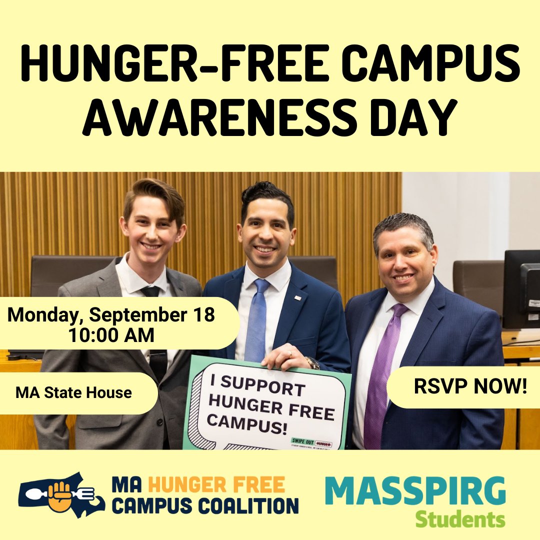 Do you care about ending hunger on college campuses? Join the MA Hunger Free Campus Coalition on Monday, 9/18 for a legislative hearing and Day of Awareness at the Statehouse! @masspirgstudent Register here: docs.google.com/forms/d/e/1FAI…