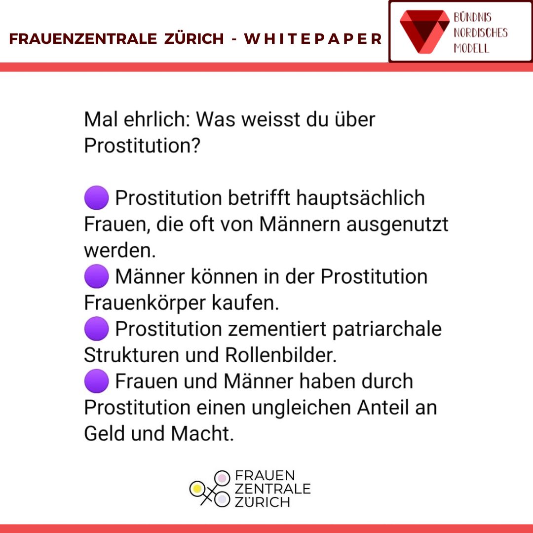 <a href="/ZHfrauenzentral/">ZHFrauenzentrale</a>,unsere Bündnispartnerin, hat ein 37 Seiten starkes Whitepaper erstellt. 
Danke,dass Ihr über das Thema aufklärt!
#FrauenzentraleZürich: Was weisst du über Prostitution? #Prostitution betrifft hauptsächlich Frauen, die oft von Männern ausgenutzt werden.m
 Männer
1