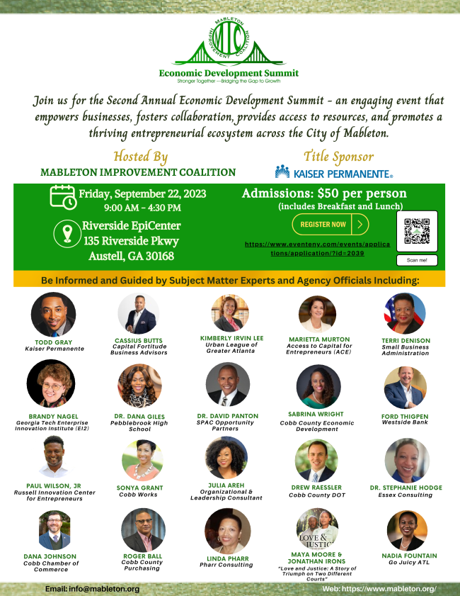 CobbCF's tweet image. 📢📢📢
Mableton Improvement Coalition's Economic Development Summit 2023 will focus on economic development and growth across the City of Mableton.

For more info, or to register, visit:  eventeny.com/events/applica…