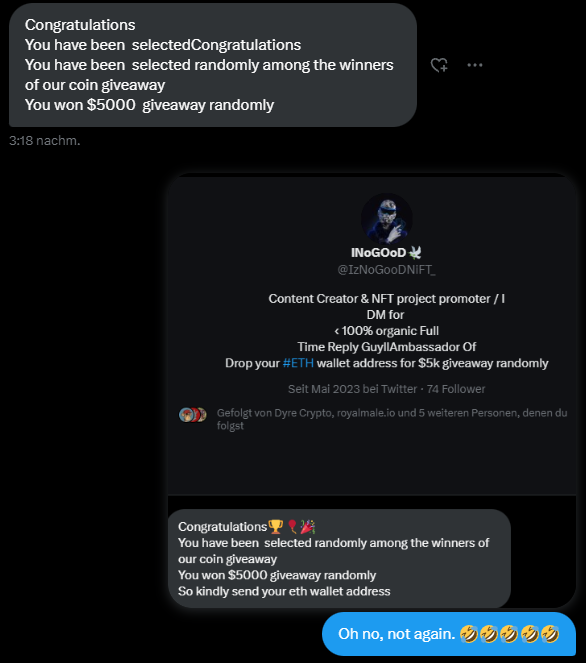 Flensmann1's tweet photo. Do you remember the last time I wrote about a scammer in DMs claiming I would have won anything? The same wording appeared to happen just now.
Thoughts?
#Crypto #NFT #GM #Blockchain #Followback #Ethereum #Web3 #DontFallForScams https://t.co/p1x1vllSly