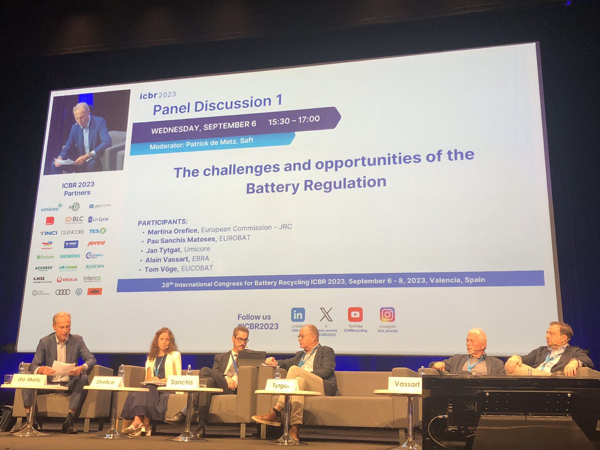 Challenges &amp; opportunities of the Battery Regulation, discussed at the #ICBR2023. Interesting panel covering topics such as implementation of the due diligence requirements, recycled content, the role of PROs, recycling efficiency &amp; material recovery targets. 
#batteryrecycling