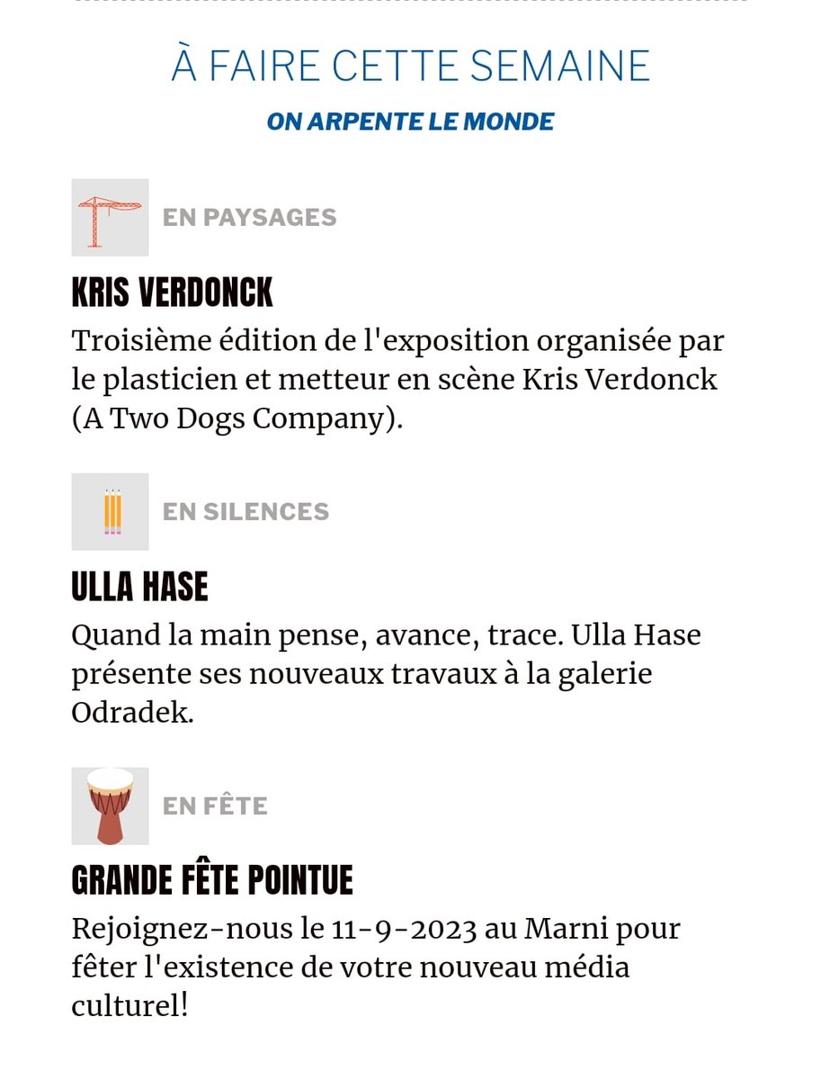 La_Pointe_Tweet's tweet image. C'est la rentrée, on reprend nos #recommandations culturelles sur lapointe.be; cette semaine on vous invite à arpenter le monde en paysages, en silences et en faisant la fête ! @KrisVerdonk #ullahase #odradek