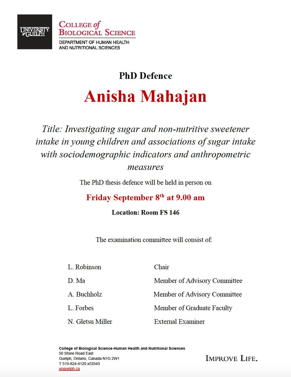 📢Anisha Mahajan, PhD Candidate, Will Defend Her Thesis!
🍬Sugar &amp; Non-Nutritive Sweetener Intake in Young Children
📏Sociodemographic Indicators &amp; Anthropometric Measures

⏰9am
🗓️Friday September 8th, 2023
📌Food Sciences, Room FS 146
🏛️#UofG #UofGCBS