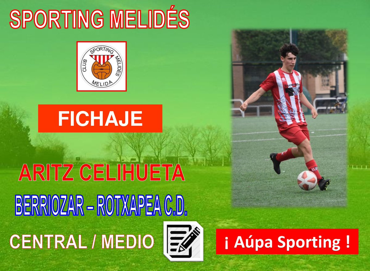 FICHAJE: Os presentamos a otro fichaje, Aritz Celihueta llegado de la Rotxapea juvenil viene al equipo para apuntalar la zona central del campo. 

¡Bienvenido a tu casa Aritz! ⚪️🏡

#AúpaSporting 🚩

#95Aniversario ❤️
#IlusiónRojiblanca 🚩
@sportingmelides