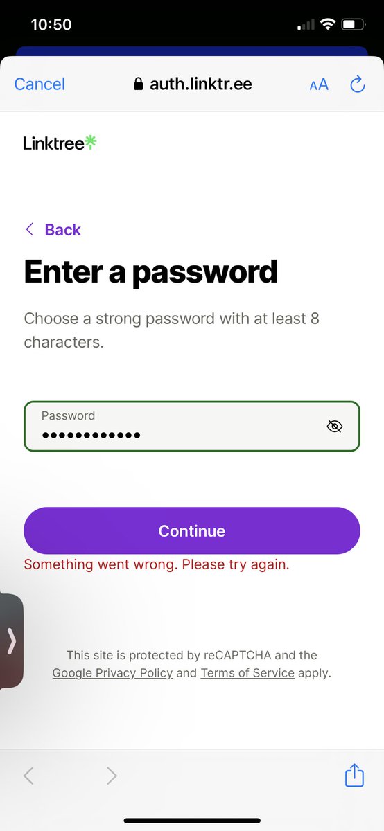 JelInWonderland's tweet photo. @Linktree_  the sign up isn’t working! Tried various passwords to sign up and keep getting try again. Is there an outage? https://t.co/f4y22wG9Pw