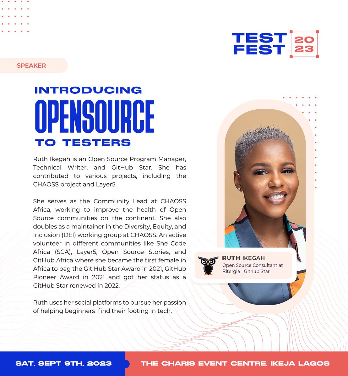 TestFest_'s tweet photo. At The Bug Detective, we've always encouraged testers' contributions to Open Source. We've decided to bring the culture to Test Festival by inviting @IkegahRuth to dissect the Open Source world to us! 

#TestFest23 #TestFestival #TestFestival2023 #Softwaretesting #opensource https://t.co/IxnXRDm9bi