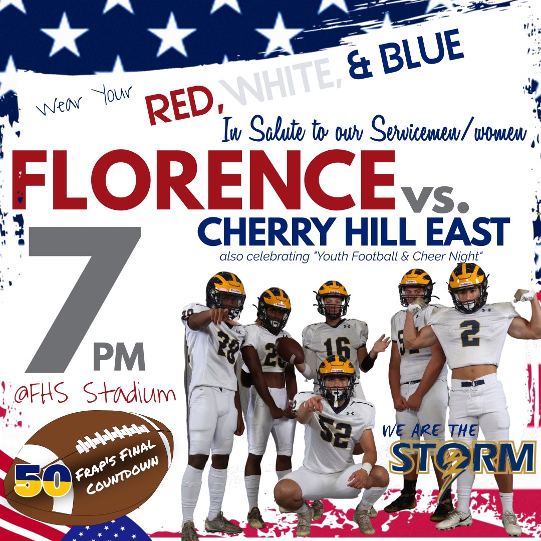 Week 2 - Home Opener against Cherry Hill East @ 7pm. Big league game as we honor service men and women and celebrate youth football and cheer night. #BetheStorm #GoFlashes #thunderstruck⚡️ #fridaynightflashes