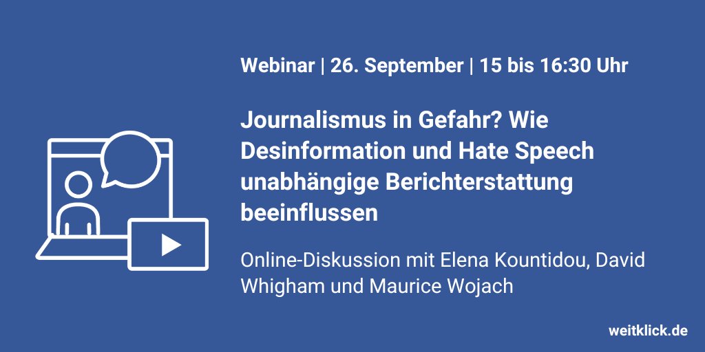 Jetzt anmelden! #weitklick-Webinar "Journalismus in Gefahr? Wie Desinformation und Hate Speech unabhängige Berichterstattung beeinflussen"
📅 26.9. ab 15 Uhr
Mit <a href="/ElenaKountidou/">Elena Kountidou</a> <a href="/NDMedienmacher/">Neue deutsche Medienmacher*innen</a>, David Whigham <a href="/ntvde/">ntv Nachrichten</a> + Maurice Wojach <a href="/DLF/">Deutschlandfunk</a>!
Anmeldung: weitklick.de/form/webinar-a… #TwLz