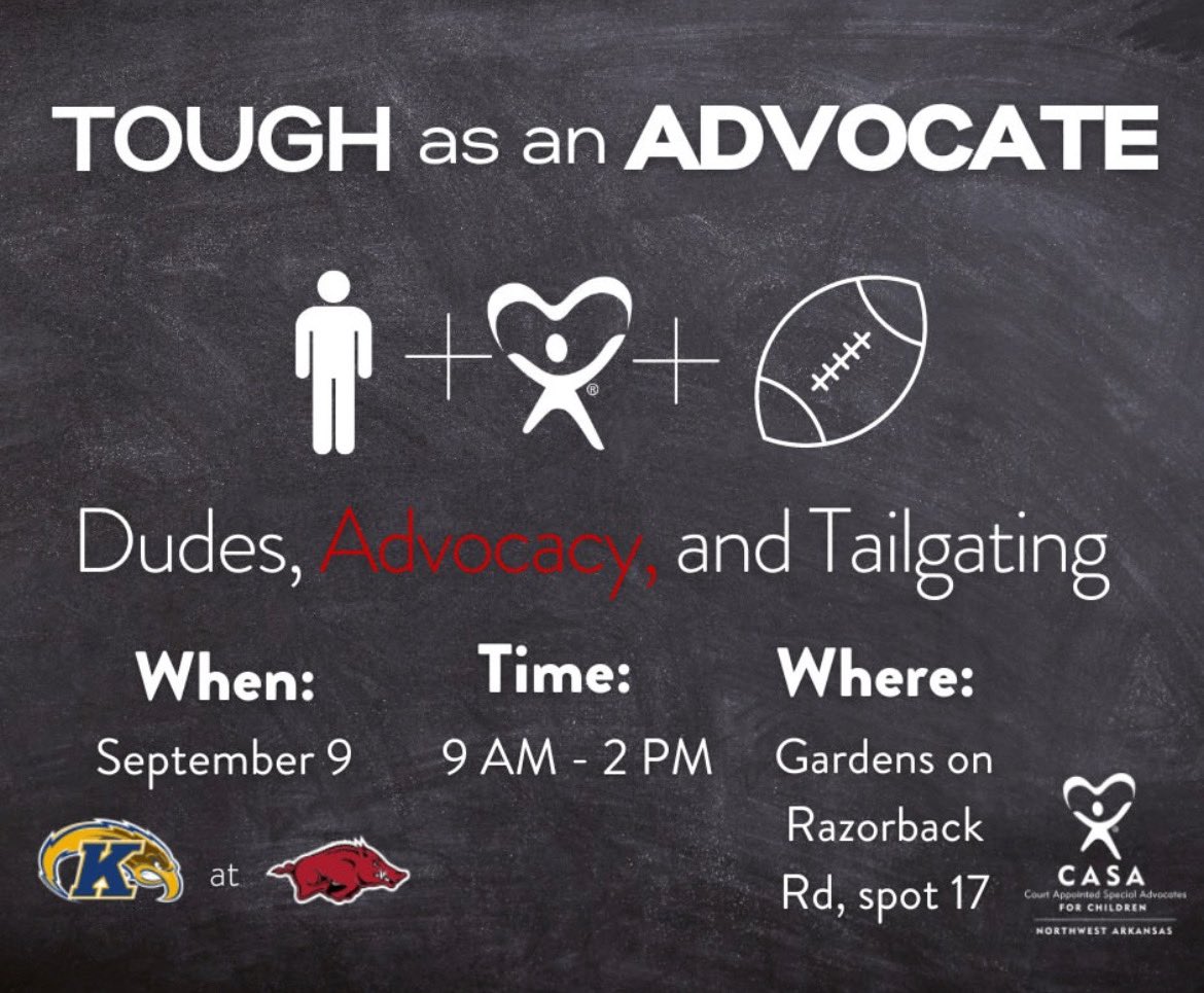 🏈Hey Razorback fans! This Saturday start your day with a tailgate for a great cause! We're teaming up to support CASA and recruit more male advocates for children who need it most! It’s this Saturday from 9 AM-2PM at
Gardens on Razorback, Rd, spot 17! #ONEArkansasCASA