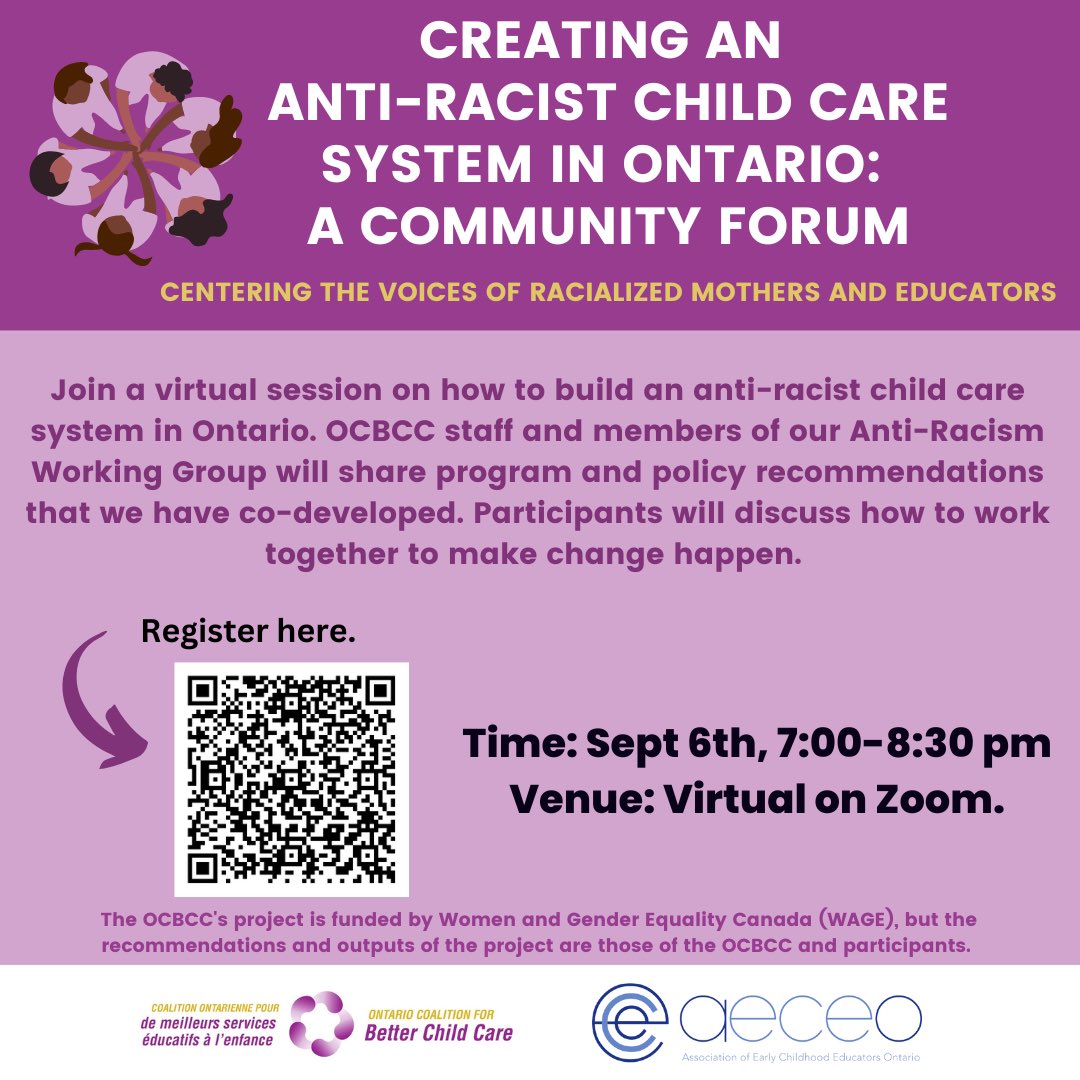 Looking forward to this event tonight by the Women & Gender Equality project team & Anti-Racism Working Group! @AECEO @ChildCareON 

tinyurl.com/yfrwx287