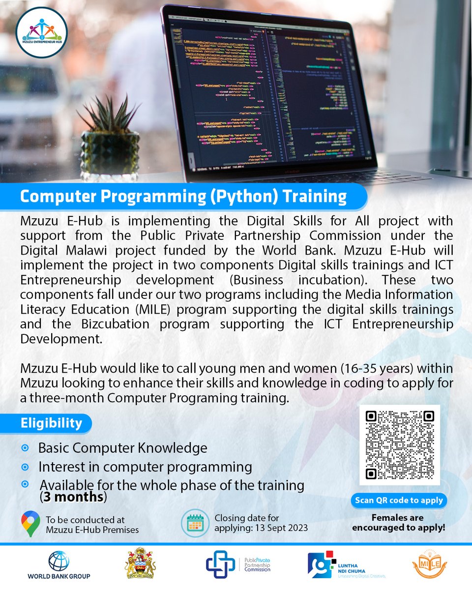 Apply for a Computer Programming (Python) training taking place at the Hud for the next 3 months starting this September!

Hurry! Visit link or scan the QR Code and apply:
bit.ly/461BMuS

.
#Coding #PythonLang #Computerprogramming #Tech #DigitalSkills #Bizcubation
#Mile