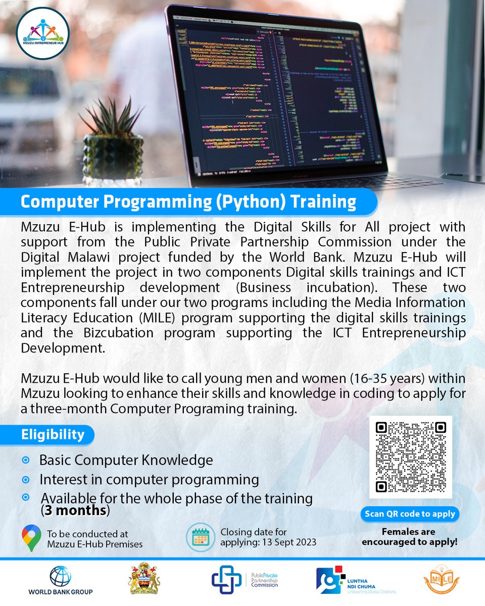 ELivelihoods's tweet image. Apply for a Computer Programming (Python) training taking place at the Hud for the next 3 months starting this September!
Hurry! Visit link or scan the QR Code and apply:
bit.ly/461BMuS
.
#Coding #PythonLang #Computerprogramming #Tech #DigitalSkills #Bizcubation
#Mile