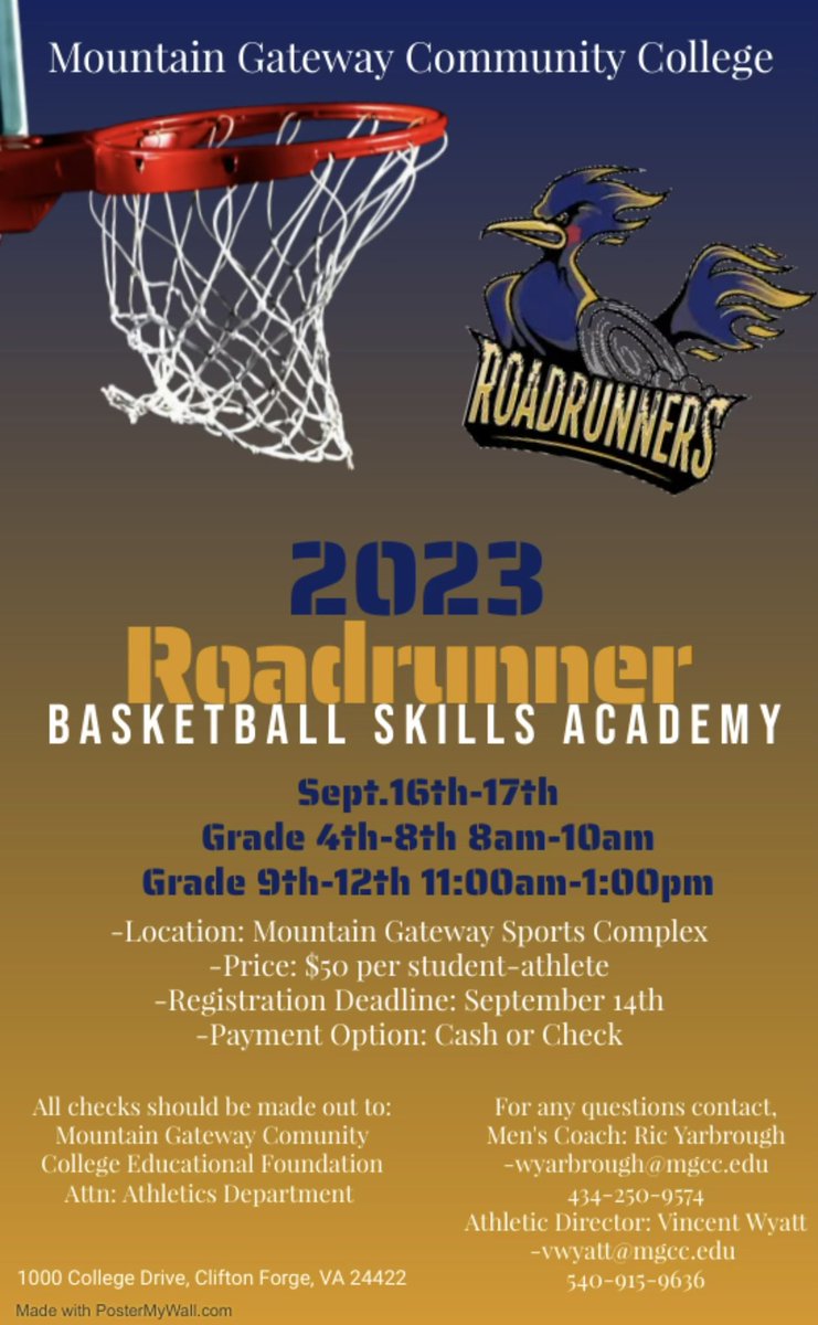 We will offer a skills camp on September 16 and 17 under the direction of Head Men's Basketball Coach Ric Yarbrough, with stations run by Mountain Gateway Men's Basketball players. At 7:30, registration begins.

Sign up with the link below.

docs.google.com/forms/d/1yxKxl…