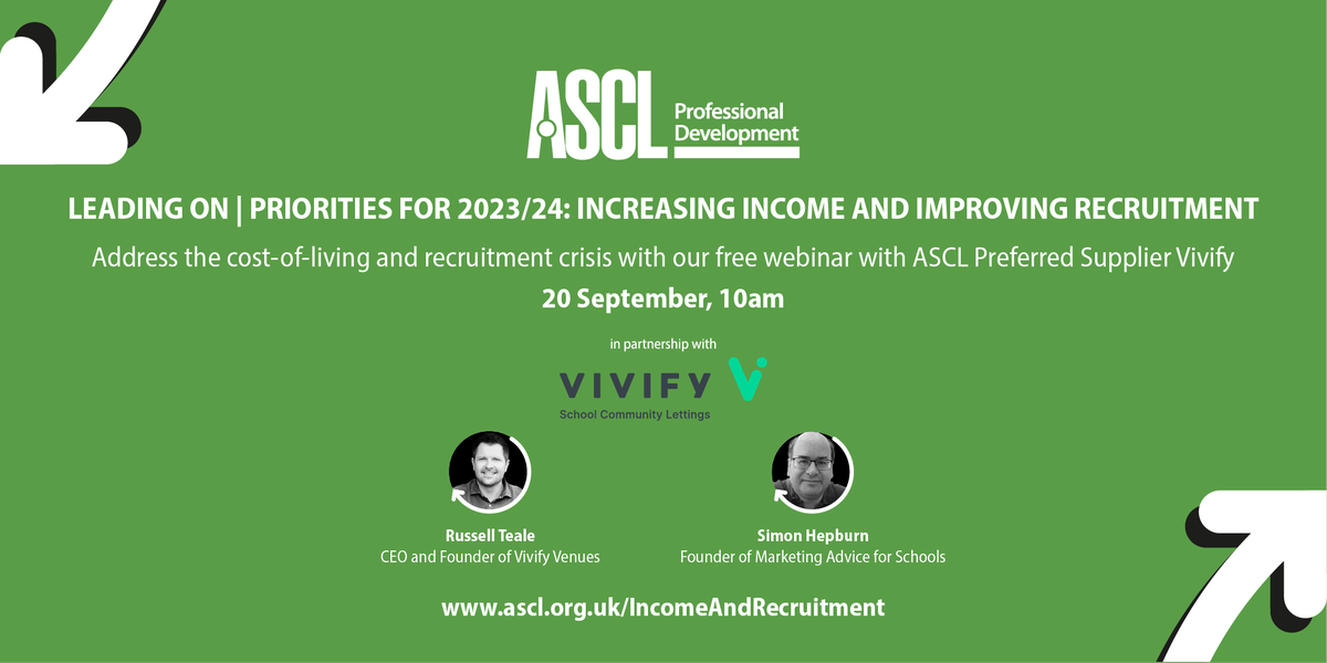 vivifyvenues's tweet photo. 🔈 A DATE FOR YOUR DIARY!🔈
Join our FREE webinar: ‘Priorities for 23/24- Increasing Income &amp; Improving Recruitment' delivered with @ASCL_UK and Marketing Advice for Schools.

📆20 September
🕙10am

Book Now: ASCL - https://t.co/CjSmcMIuTa

#costofliving #recruitment https://t.co/O8co1jMt90
