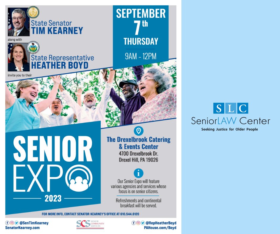 Join us tomorrow, September 7th from 9 am-12 pm for the <a href="/SenTimKearney/">Senator Tim Kearney</a> and State Rep Heather Boyd's Senior Expo. This informative event is at 4700 Drexelbrook Drive, Drexel Hill, PA 19026.