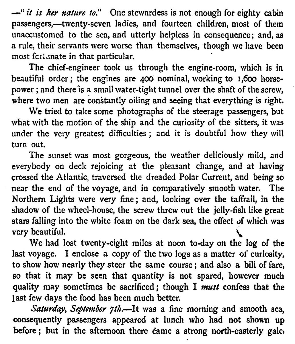 Hibernia #Atlantic #Ocean 6.9.1872 'The Northern Lights were very fine & looking over the taffrail, in the shadow of the wheel-house, the screw threw out the jelly-fish like great stars falling into the white foam on the dark sea, the effect of which was very beautiful.' #Brassey