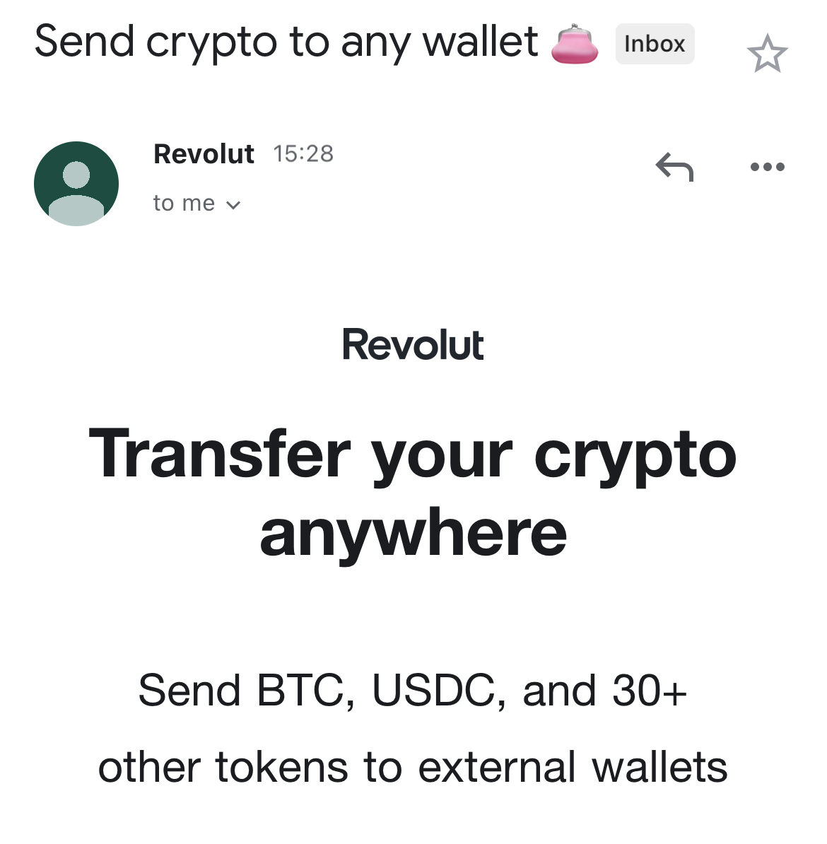 Impact3Growth's tweet photo. Just got this email from @RevolutApp.

- Depositing money to Revolut is easy

- Spending money with Revolut is easy

- Investing in crypto with Revolut is easy

- Now, sending your crypto to any external web3 wallet will be easy from Revolut.

Huge onboarding ramp onto web3 🚀 https://t.co/0yJvY6koaz