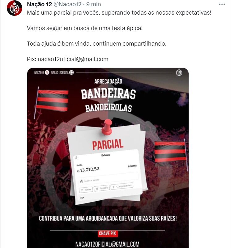 PapaRubroNegro's tweet photo. Visando uma grande festa na final da Copa do Brasil, algumas torcidas organizadas do Flamengo estão realizando arrecadação de dinheiro para confecção de bandeirolas e outros artigos pra festa.

A @Nacao12 e a @ubzoficial são as TO's responsáveis pela arrecadação, e receberam grandes doações de personalidades rubro-negras.

Além da transferência realizada pela equipe #PaparazzoRubroNegro, nomes como o cantor MC Maneirinho e o cantor Borges também fizeram altas contribuições, no valor de 7 e 4 mil, respectivamente.

As doações também seguem abertas para o grande público, que podem contribuir via pix, nas chaves: cadastro@urubuzada.com.br ou nacao12oficial@gmail.com.

Escrito por: @yannehellenn
📸 Reprodução Redes Sociais