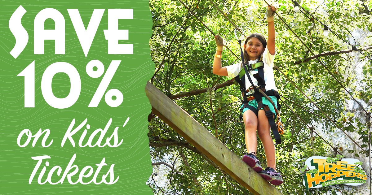 TreeHoppers's tweet image. This Wednesday (9/6)- Friday (9/8), save 10% when you purchase your kid's ticket online! Get the catchphrase code online at hbit.ly/3L2TYw9

#TreeHoppers #Special #TampaFL #DadeCityFL #Orlando #Summer #Kids #KidsThings #Adventure #ZipLine