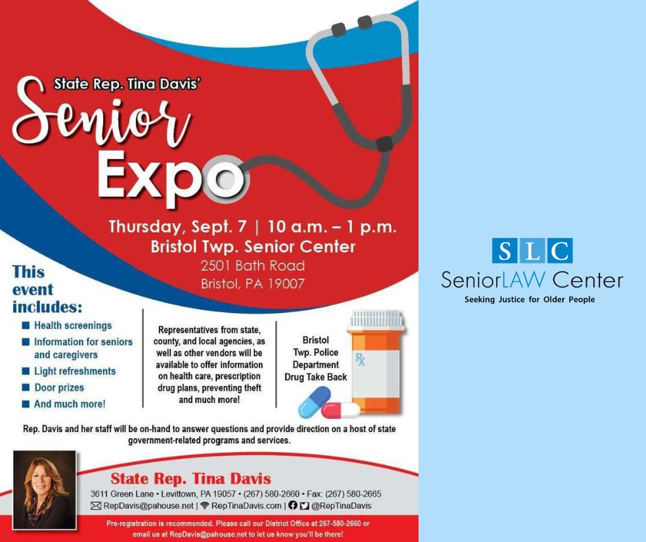 Join us tomorrow, September 7th from 10 am-1 pm for the State Representative Tina Davis Senior Expo. This informative event is hosted by the Bristol Township Senior Center at 2501 Bath Road, Bristol, PA 19007.
