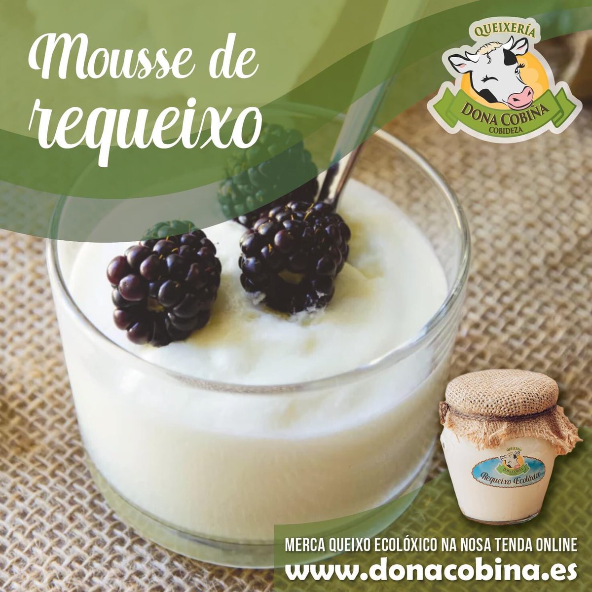 Animámosvos a provar esta mousse de requeixo co noso requeixo ecolóxico!!
Receita: bit.ly/3Z1qowE

✅ Merca o teu queixo ecolóxico na nosa tenda online: donacobina.es